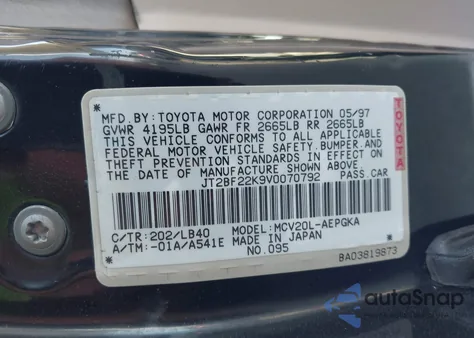 1997 Toyota Camry Xle V6 z USA, uszkodzony, nr VIN JT2BF22K9V0070792